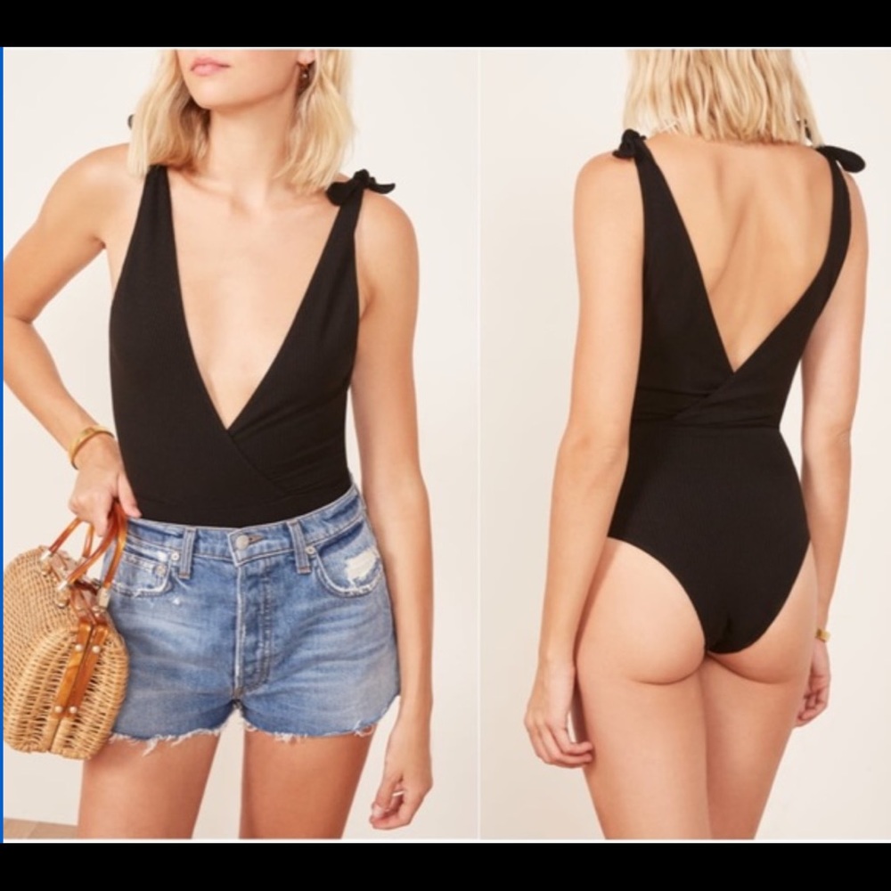 Reformation Macey Wrap Style Ribbed Bodysuit Black
